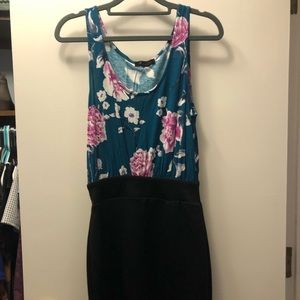 Blue floral black body con dress